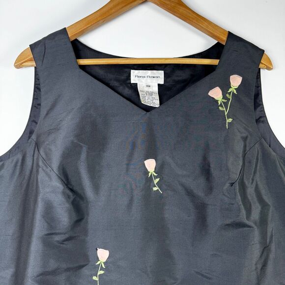 Rena Rowan Silk Blouse Women's 16W Black Pink Floral Embroidered Sleeveless Top - Picture 2 of 11
